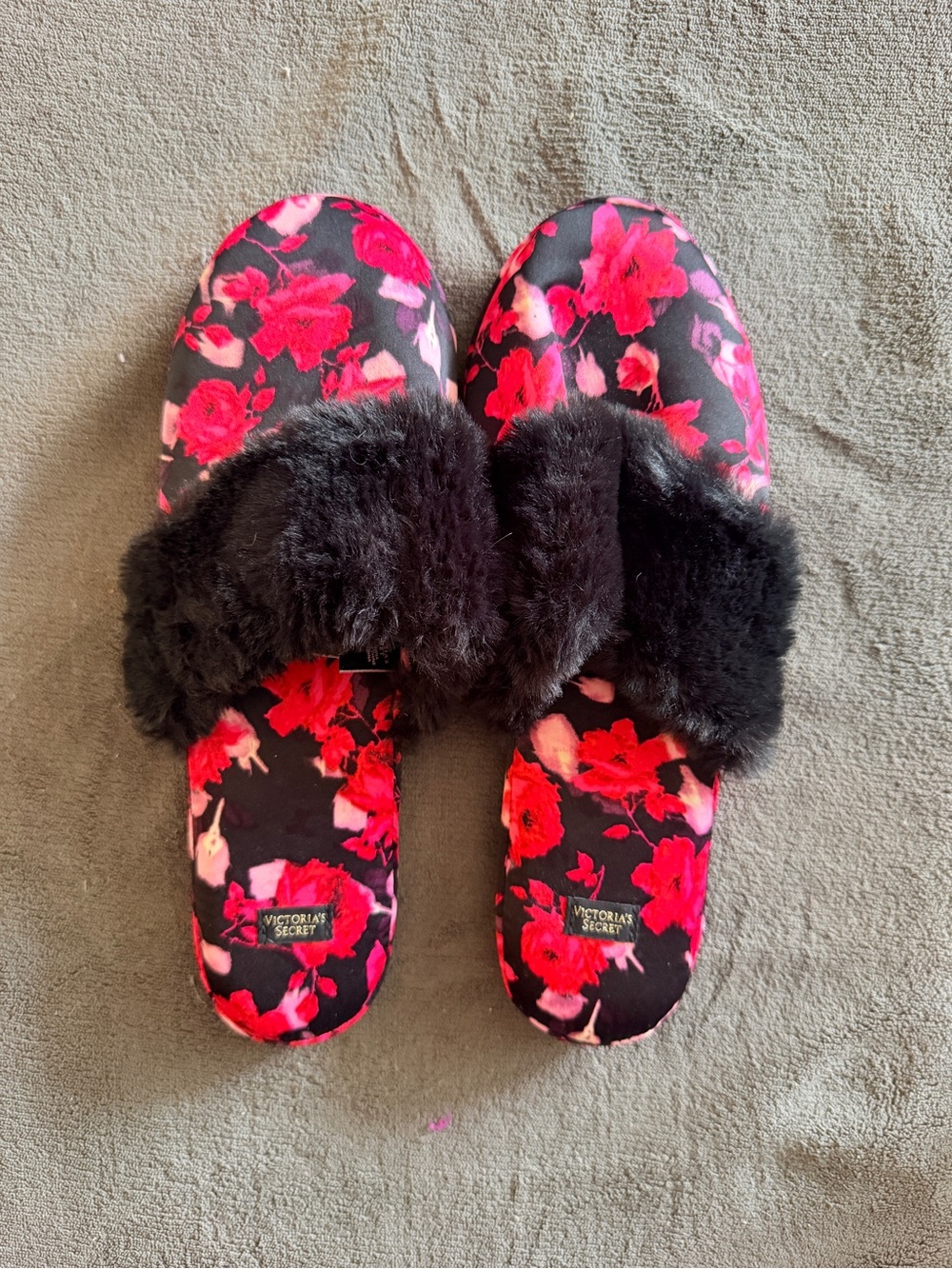 Victoria's Secret Black & Pink Floral Plush Slide Slippers